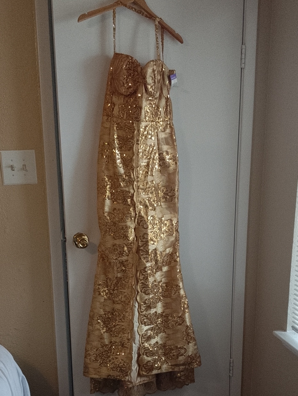 Gold Sequin Strapless Brocade Gown with Spaghetti Straps
